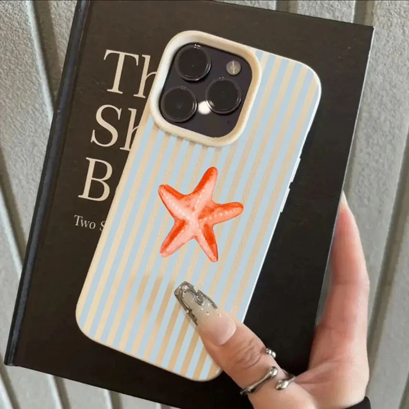 Funda de teléfono para iPhone 16 15 14 13 12 11 Pro Max X XR XS Max 15 Plus 16E verano lindo patrón de rayas de estrella de mar funda trasera suave - imagen 4