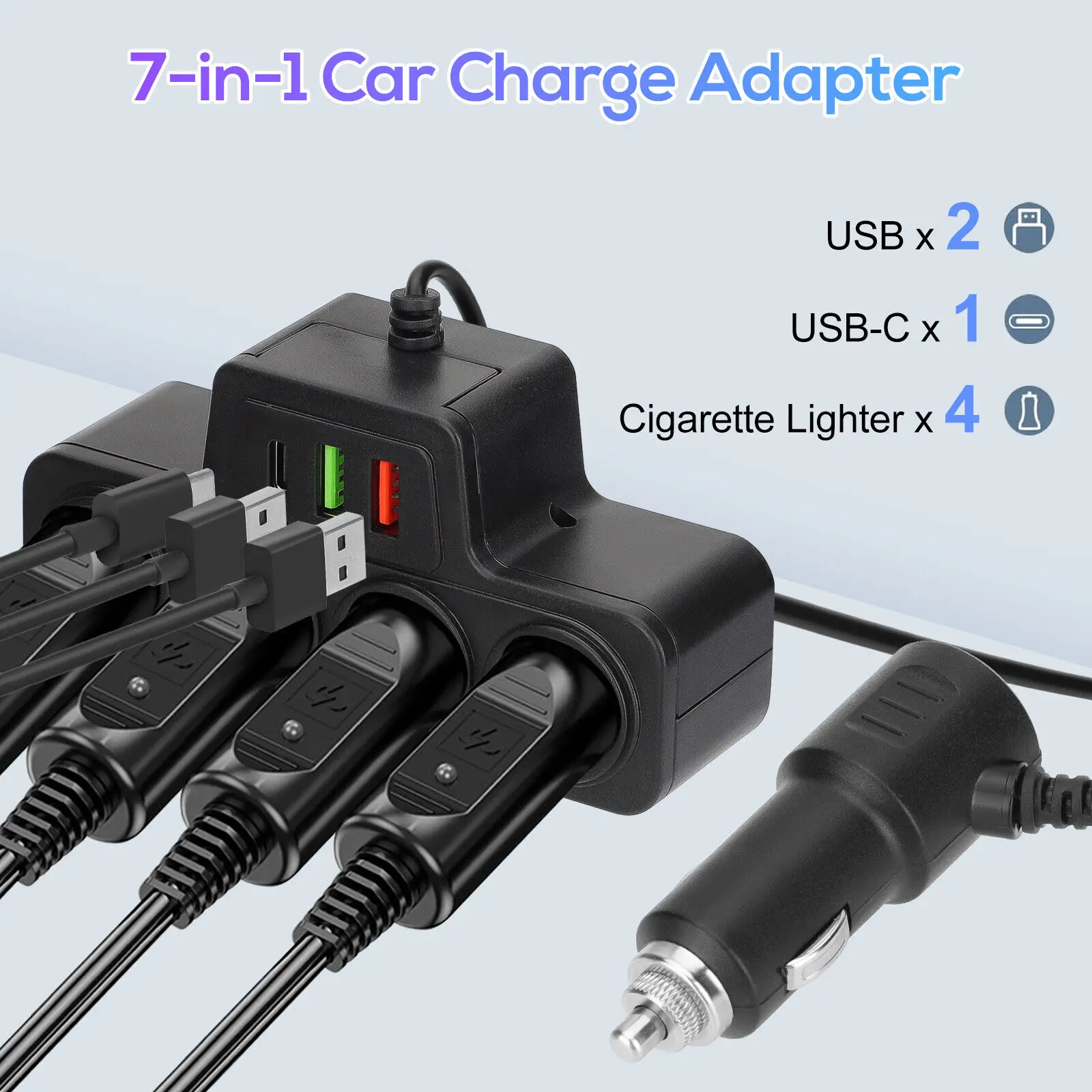 Adaptador de cargador de coche 7 en 1, 120W, PD, 4 enchufes, divisor de encendedor de cigarrillos, Cargador rápido, adaptador de corriente, cc 12-24V, accesorios para automóviles - imagen 2