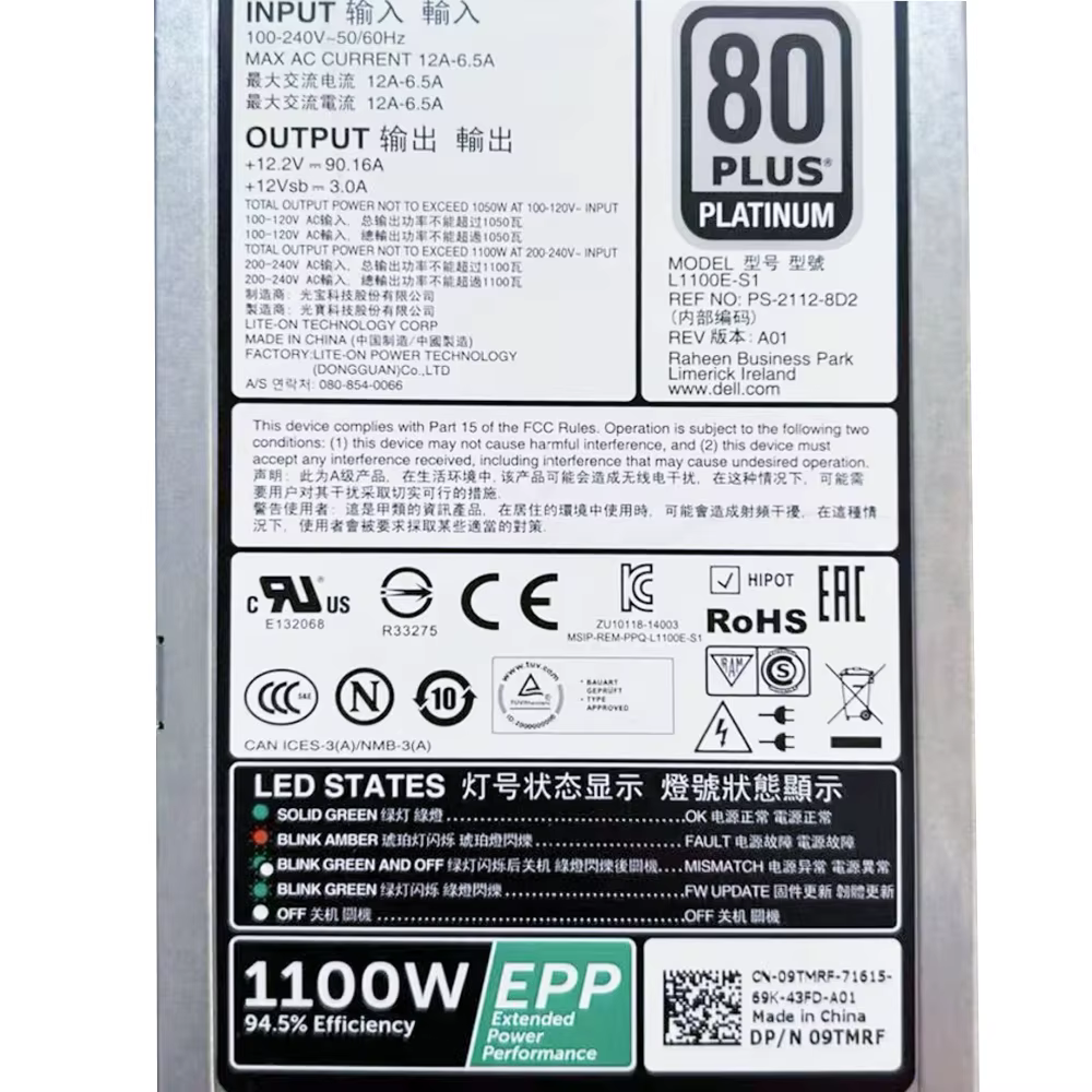 Fuente de alimentación Modular para servidor R630 R730 R740, Unidad de fuente de alimentación PSU 0CMPGM 0Y3H8J 09TMRF, potencia de L1100E-S1 platino EPP 80 Plus de 1100W, Original - imagen 2