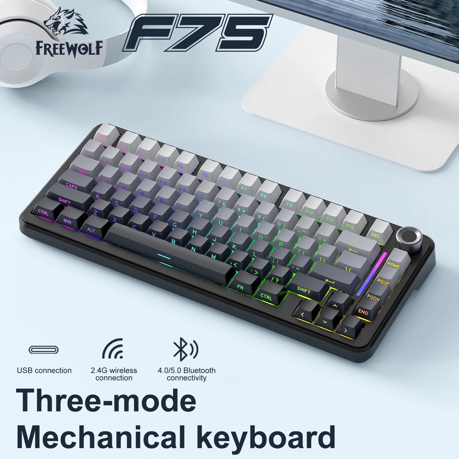 Teclado mecánico F75 para videojuegos, teclado inalámbrico FREEWOLF F75 con perilla de Metal, RGB/exchangeable en caliente/4000 mAh de alta potencia - imagen 2
