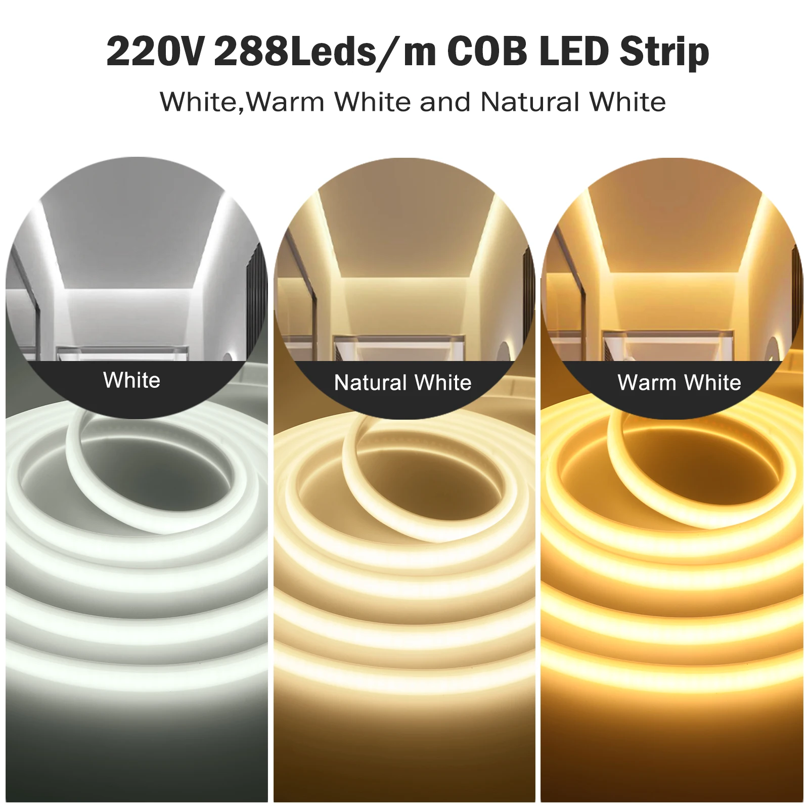 Tira de luz de neón LED COB de 220V con Control de encendido y apagado 288LEDs/m cinta Flexible impermeable para exteriores RA90 cálida/Natural/blanca de alto brillo - imagen 3