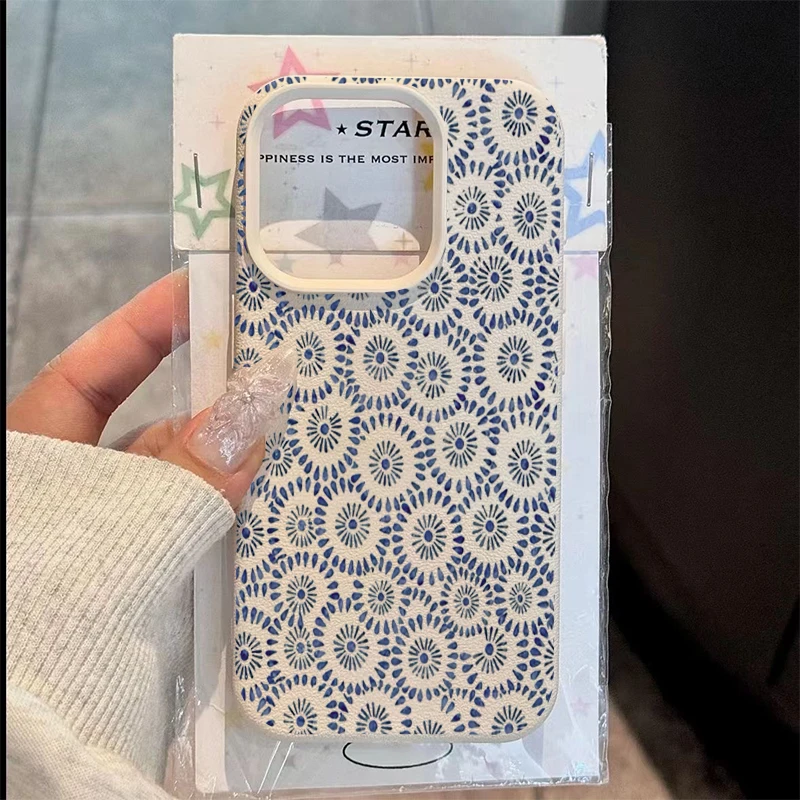 Funda de teléfono con textura de lichi y patrón Floral azul para iPhone 17 16 15 14 13 12 11 Pro Max 17 Air 15 14 Plus X XS XR 16E, funda suave
