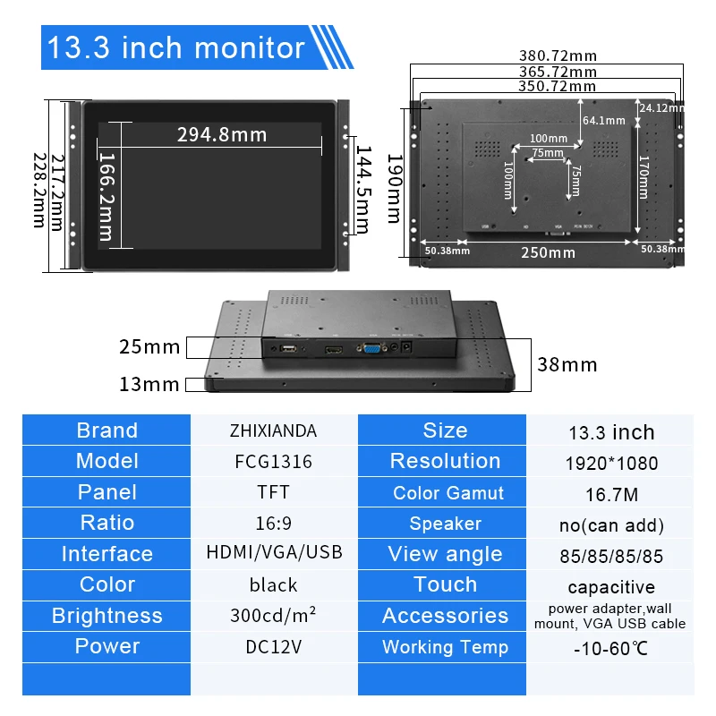 Zhixianda 13,3 pulgadas 1920*1080 LCD pantalla multitáctil Monitor de pantalla plana de grado Industrial con HD VGA USB - imagen 3
