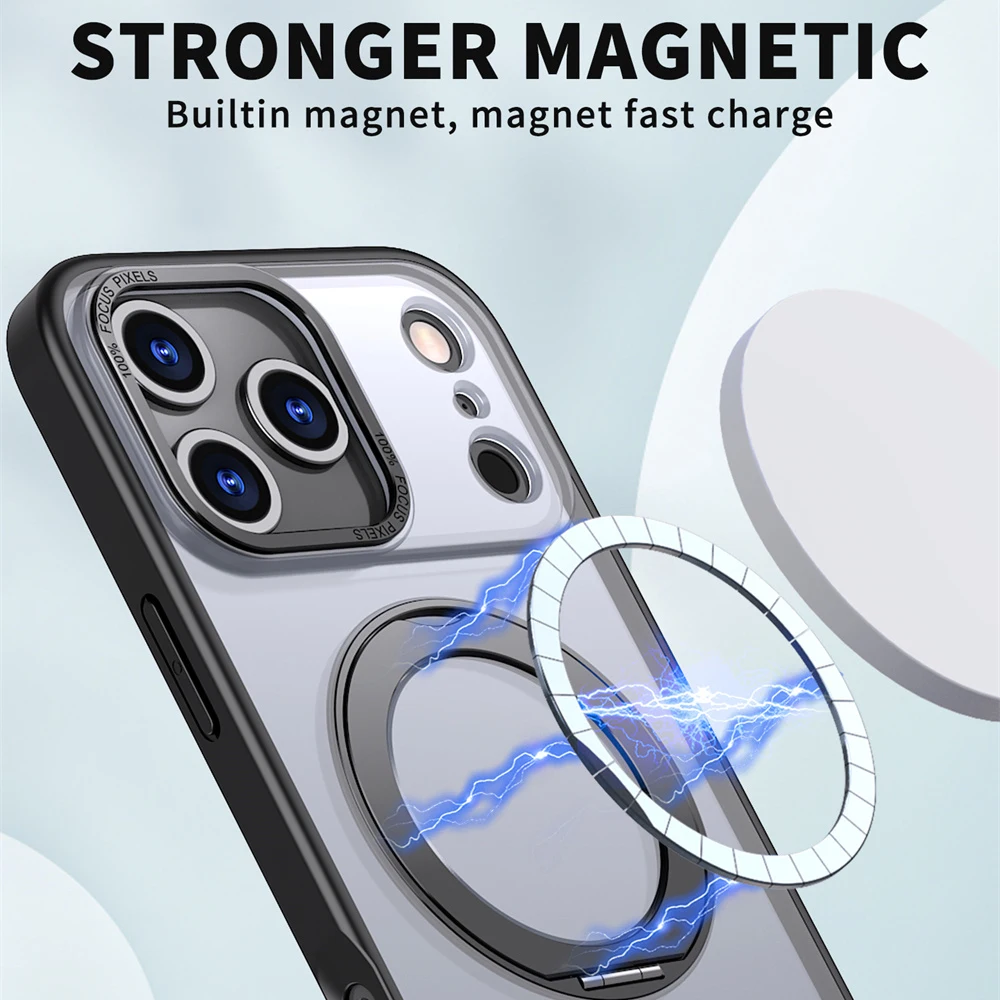 Funda de teléfono con soporte plegable y anillo magnético giratorio de lujo para iPhone 17 Air 15 16 Pro Max 14 13 12 11, Protector de lente, cubierta acrílica transparente - imagen 3