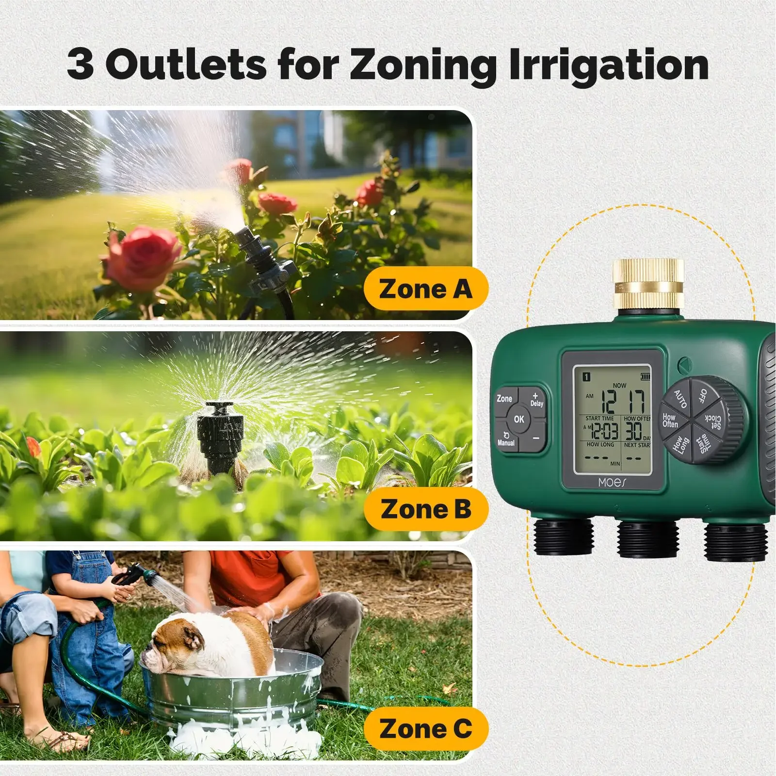 MOES Temporizador de agua inteligente de 3 salidas Entrada de latón IPX5 Botón de perilla impermeable Irrigación automática Pantalla LCD Aspersor de jardín - imagen 5