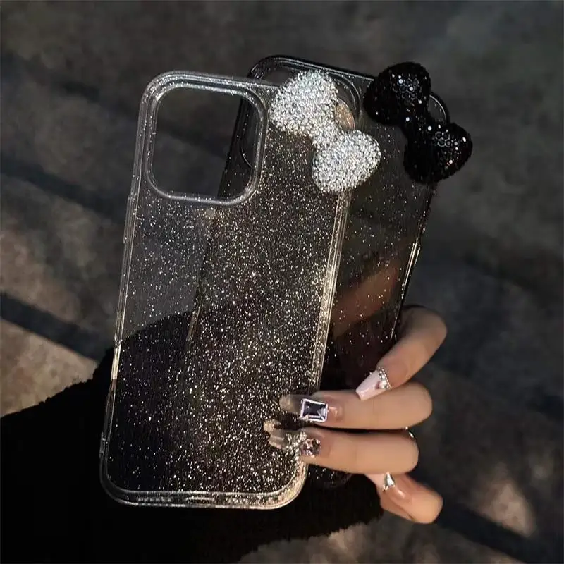 Funda de teléfono transparente de lujo con purpurina y lazo de diamante 3D para iPhone 16 17 Pro Max 15 14 13 12 11 Pro 7 8 Plus 17Air, funda suave