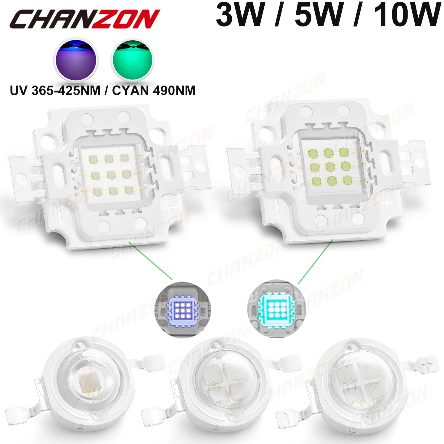 Chip Led cian Uv de alta potencia 3W 5W 10W 365nm 370nm 375nm 385nm 395nm 400nm 405nm 425nm 490nm Smd bombilla de lámpara de intensidad ultravioleta - imagen 2