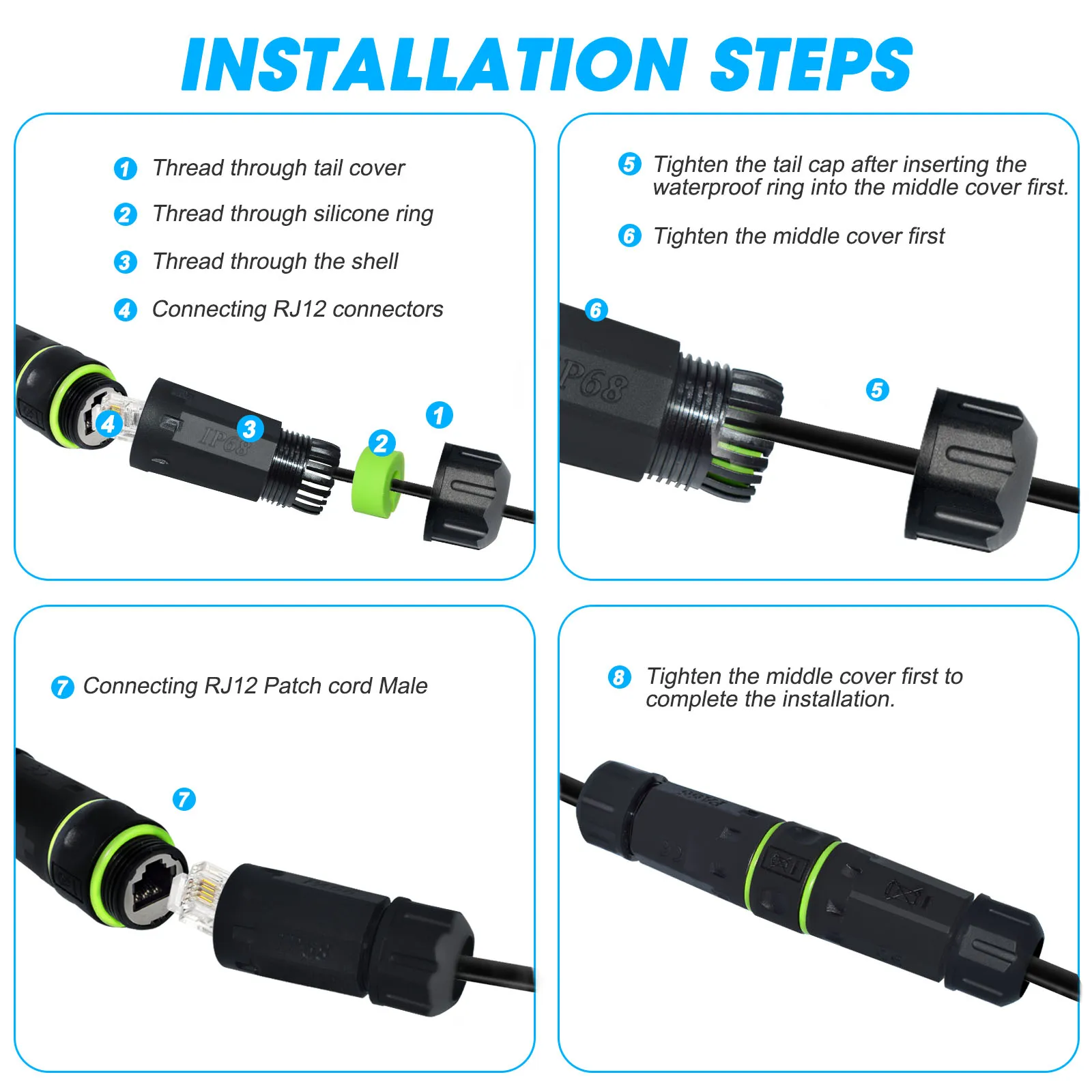 Acoplador RJ11 impermeable, conector de montaje en Panel RJ11/RJ12 6P6C hembra a hembra CAT3 RJ12 compatible con enchufe de línea telefónica para exteriores - imagen 5