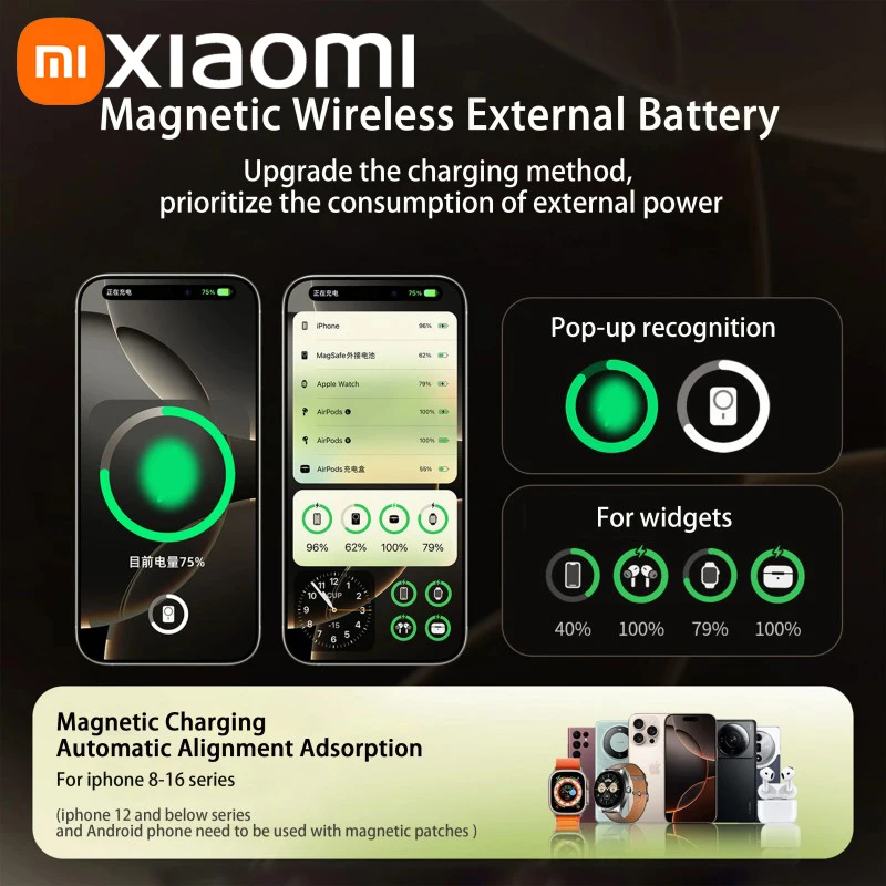 Xiaomi-Banco de energía magnético 3 en 1, carga súper rápida inalámbrica QI 15W con pantalla LCD inteligente para productos de la serie Iphone - imagen 5