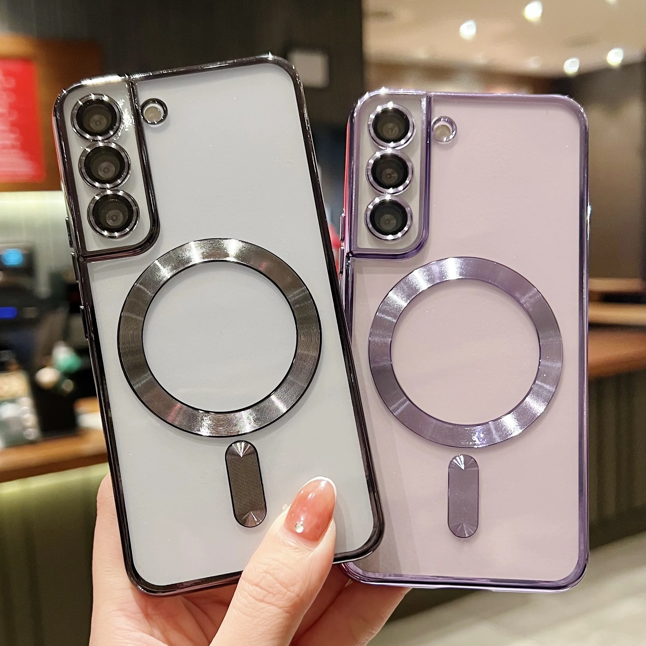 Magsafe-funda magnética para teléfono Samsung Galaxy S23, S22, S21, Ultra FE, 6D, transparente, suave, carga inalámbrica, cubierta de cámara de vidrio