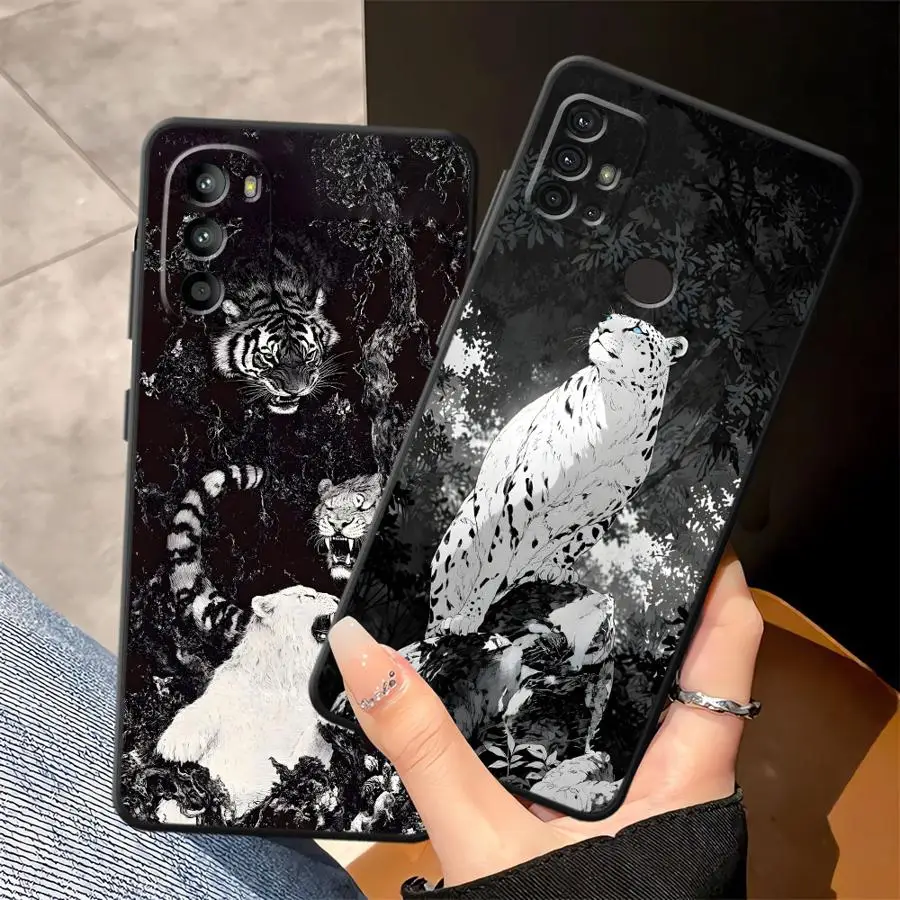Funda de teléfono suave negra con diseño de leopardo y tigre de dibujos animados para Motorola Mot G22 Edge40 G71 G52 G50 G60s G51 G73 G60 G32 Edge 20 Pro 30