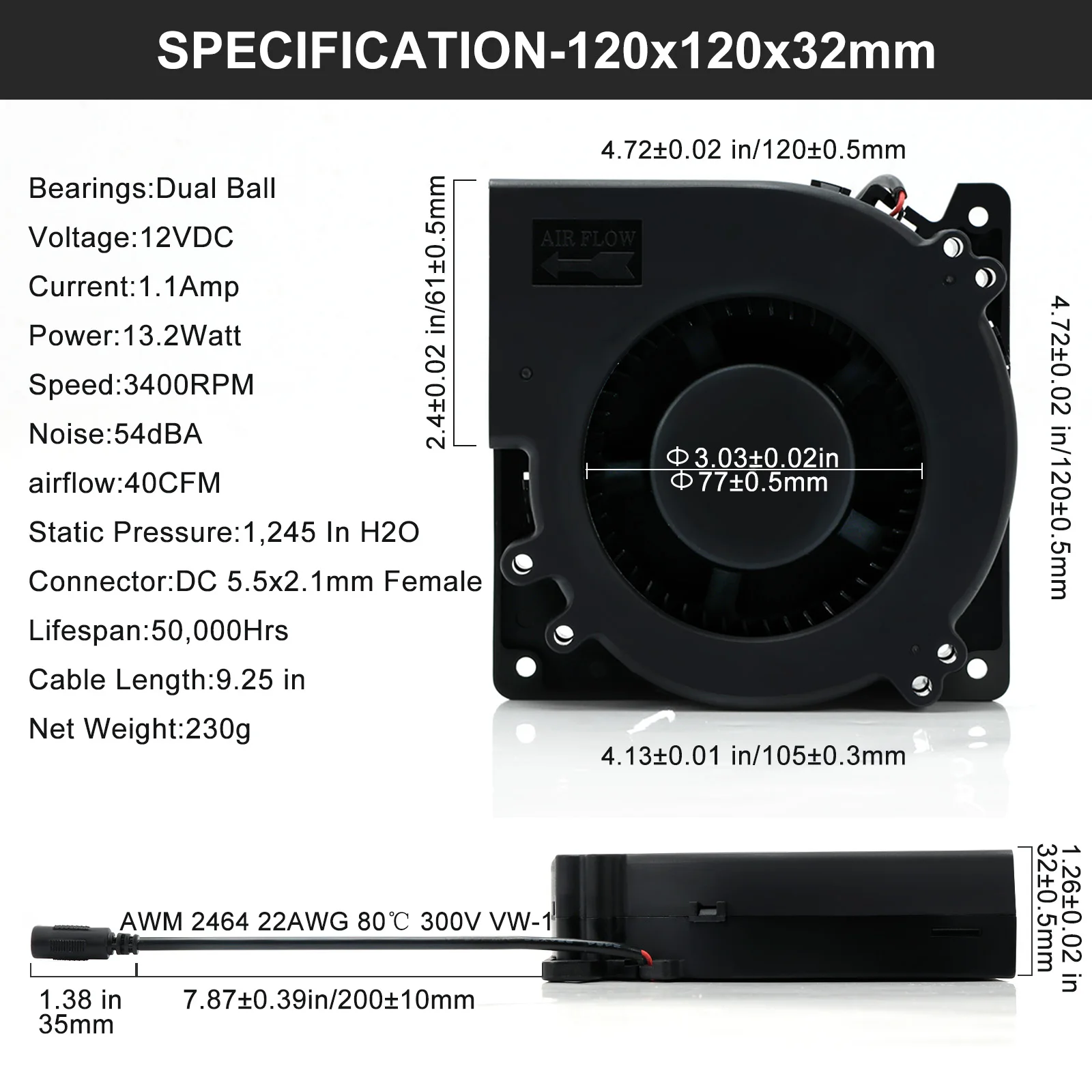 Soplador de ventilador de computadora de CA de 120mm, 12cm, 120x120x32mm, 12032 centrífugo w/ 120V, 220V a 3V-12V, 2A con controlador de velocidad para tienda de cultivo - imagen 2