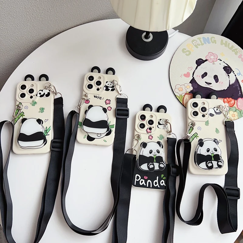 Para iPhone 17 16 15 14 13 12 11 XR Xs 6 6s 7 8 SE Pro Max mini Plus e orejas Panda funda con cuerda de soporte - imagen 2