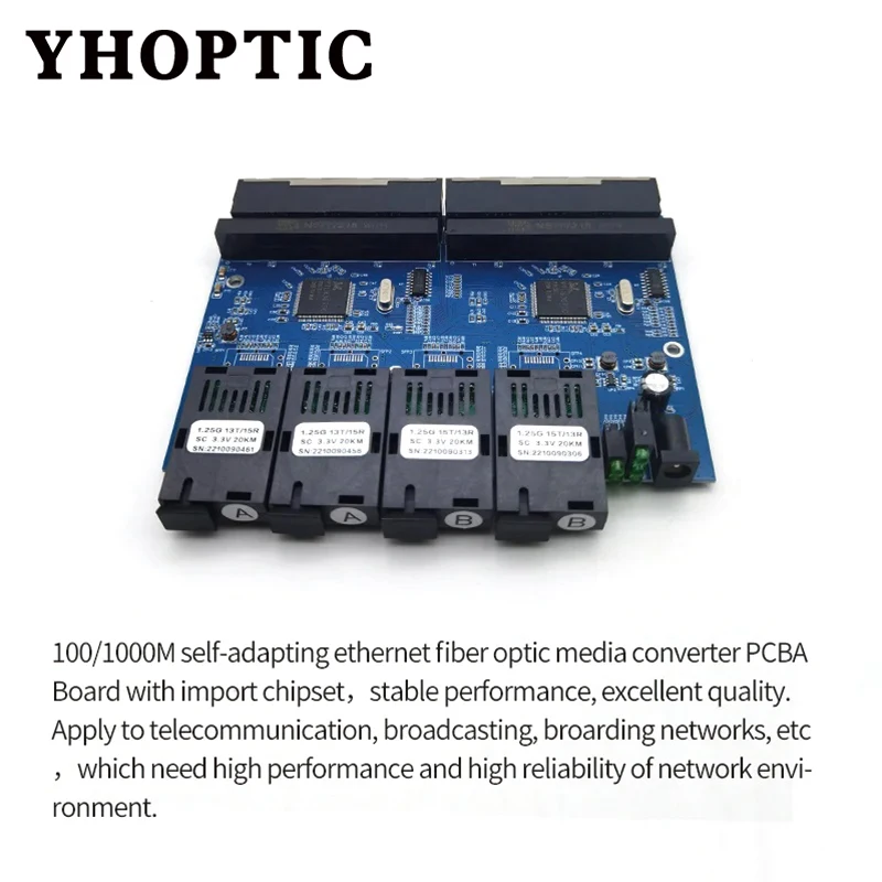 Conmutador convertidor de fibra óptica PCBA Borad de 100/1000Mbps, 4 puertos de fibra, 8 puertos RJ45, transceptor de fibra monomodo SC Simplex/Duplex