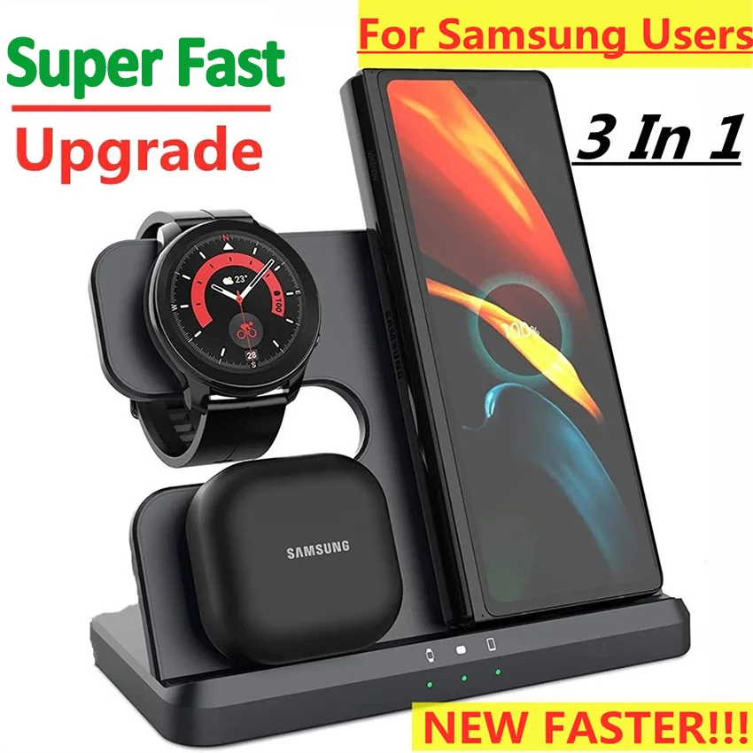 Soporte de cargador inalámbrico 3 en 1 de 15W, estación de carga rápida para Samsung Z Fold 3 S21 S20 Galaxy Watch 5 4 3 Active 2 S3 S4 Buds