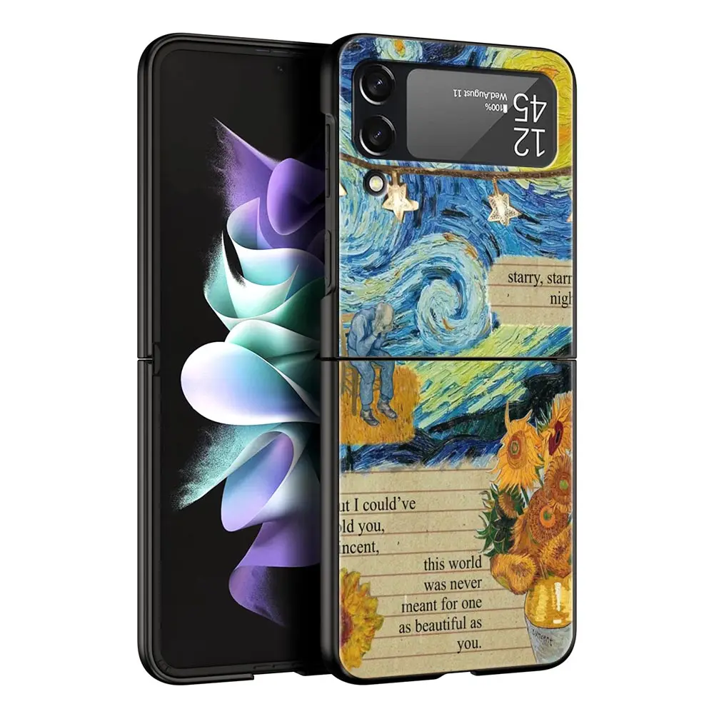 Funda de teléfono de Arte de van gogh con cielo estrellado, carcasa de PC para Samsung Galaxy Z Flip3, Flip4, Flip5, Z Flip 3, 4, 5, cubierta plegable dura negra - imagen 2