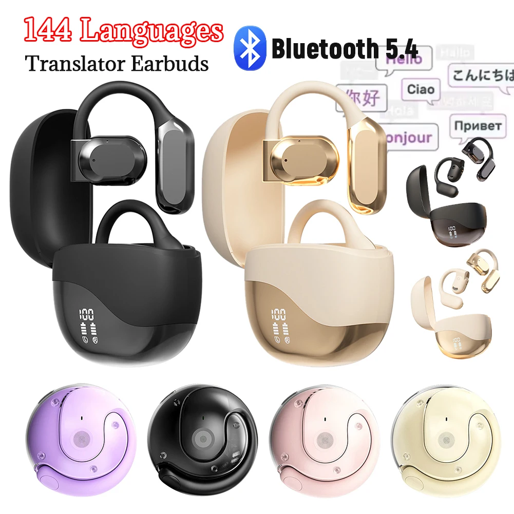Auriculares con traductor AI, Bluetooth 5,4, cancelación de ruido, traductor de voz bidireccional, gancho para la oreja, traducción en 144 idiomas