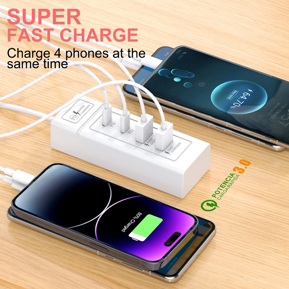 15W 4 Ports USB Charger Quick Charge 3.0 EU/US Plug Wall Charger For iPhone Samsung Xiaomi Fast Charging PD Type C Phone Charger - imagen 2