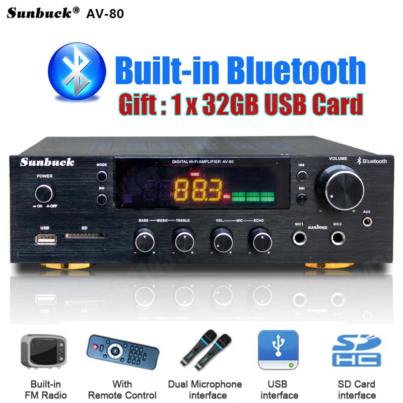 Sunbuck AV-80/298BT 2000W amplificadores estéreo Bluetooth amplificador HiFi profesional de alta potencia con Control remoto FM USB SD 2 entrada de micrófono