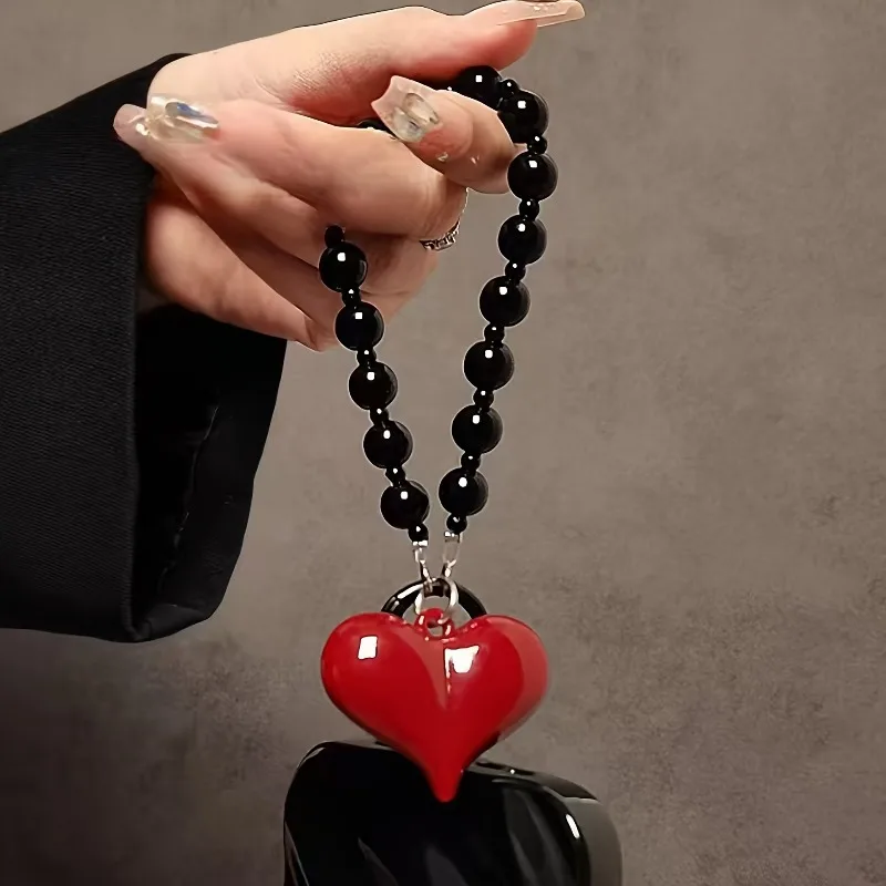 Cadena para teléfono con cuentas de corazón de amor 3D rojo coreano, cordón colgante, dijes para teléfono, correa para teléfono, cordón para móvil hecho a mano, regalo de joyería - imagen 5