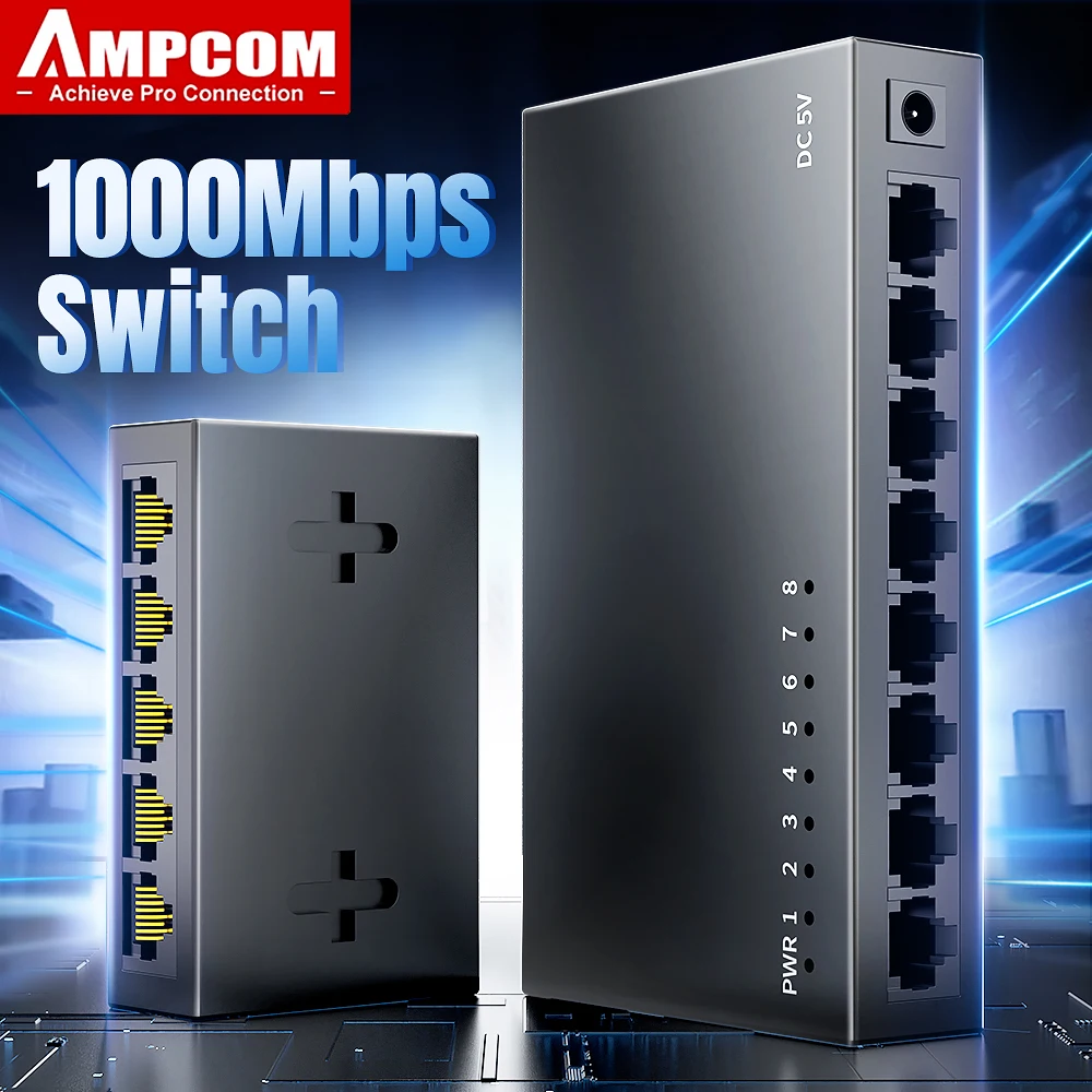 Conmutador Gigabit AMPCOM – 5 Puertos Ethernet 1000Mbps
