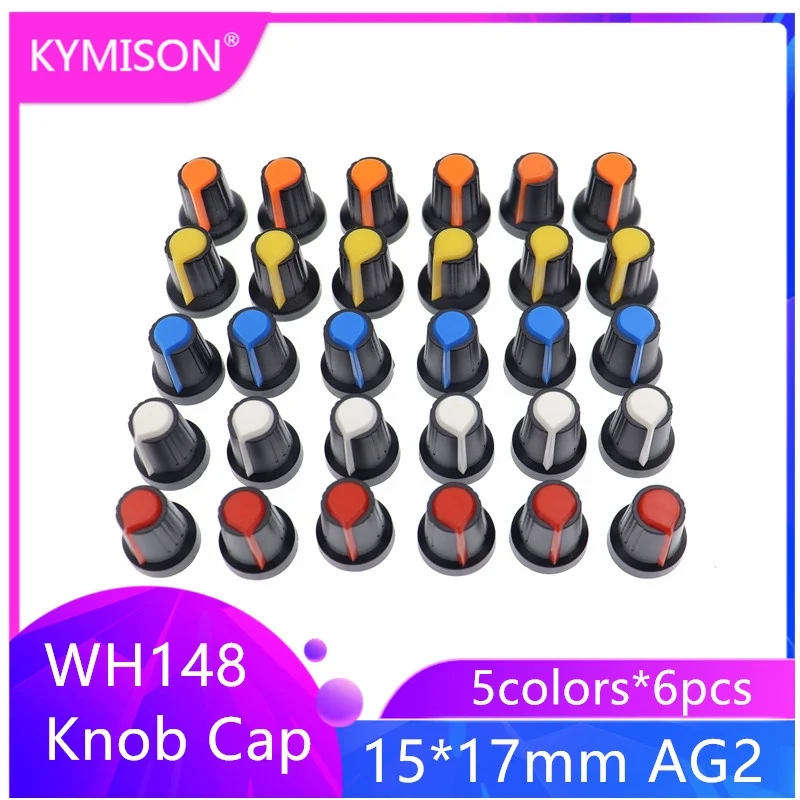 30 Uds WH148 tapa de perilla de potenciómetro (núcleo de cobre) 15*17mm 6mm agujero del eje AG2 amarillo naranja azul blanco rojo 5 valores * 6 uds