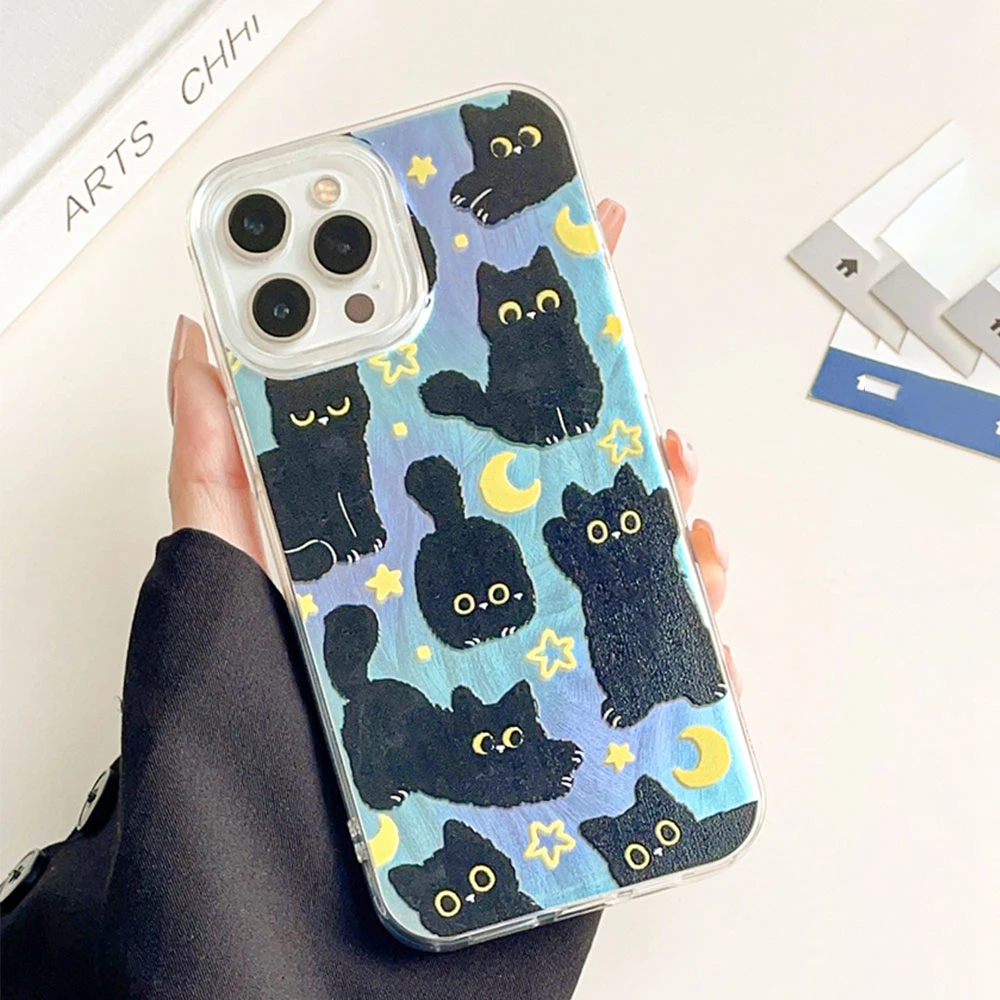 Funda de teléfono con diseño de gato negro y Luna para iphone 16, 15, 14, 7, 8, Plus, 13 Pro Max, 16e X XS XR SE 2022, carcasa trasera suave de silicona para niñas - imagen 3