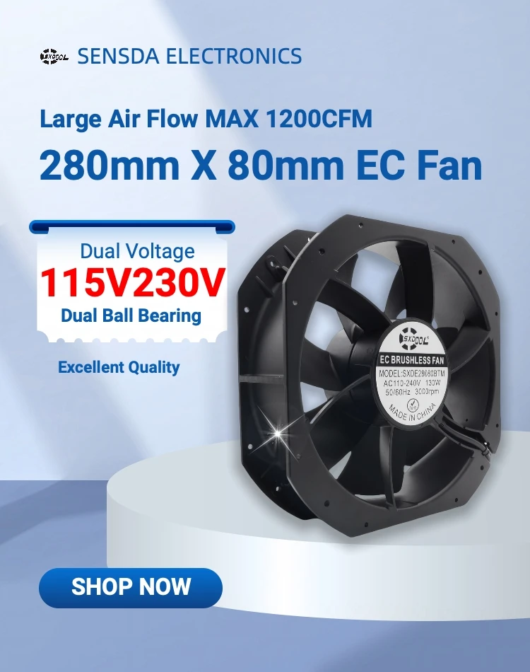 Ventilador EC industrial de 280 mm y 28 cm para SXDE28080BTM, ventilador de enfriamiento de alto flujo de aire de 115 V 230 V 1200 CFM para caja de distribución de gabinete de servidor - imagen 2