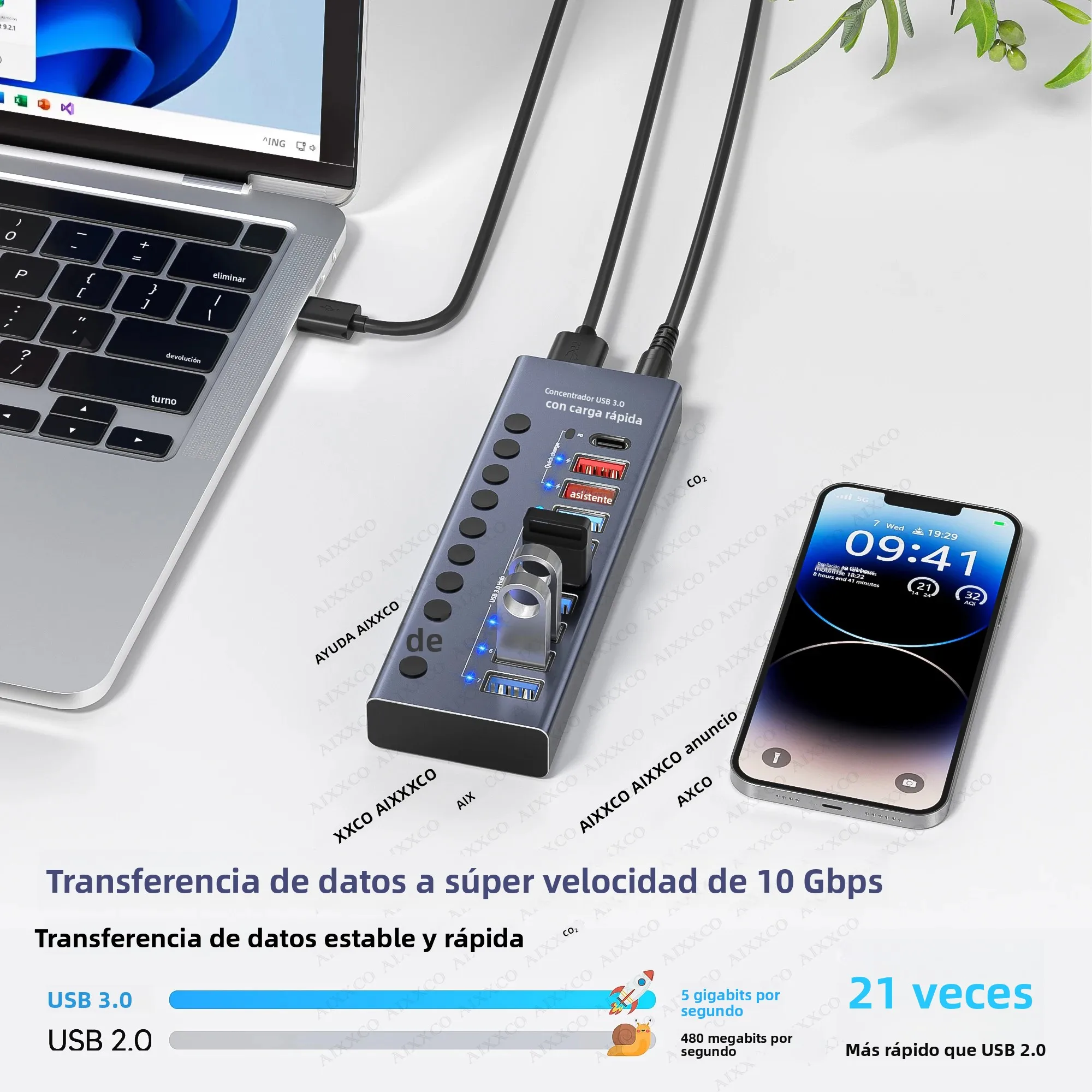 AIXXCO Hub USB 3.0 7 Puertos con Interruptor para MacBook - imagen 5