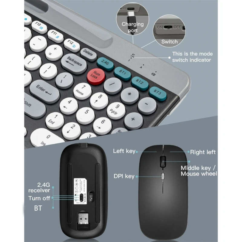 Paquete teclado y ratón redondo compatible con F3KE, teclado inalámbrico recargable, Estilo Vintage, conexión - imagen 2