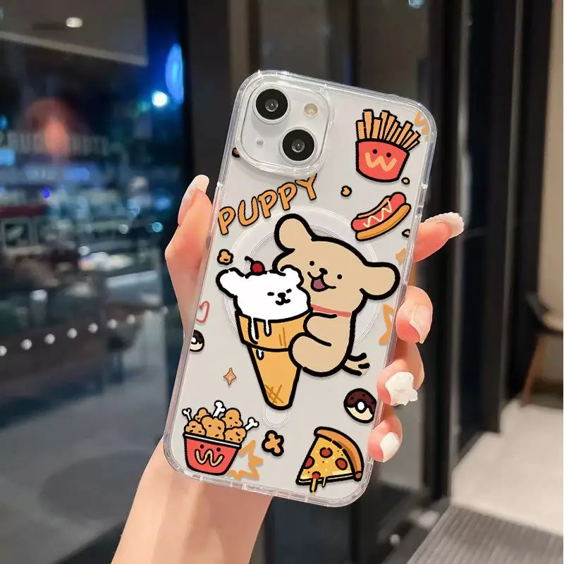 Funda de teléfono magnética Magsafe con diseño de cachorro y línea de hamburguesa para iPhone 16 15 14 13 12 11 8 7 Plus Pro Max X XR XSMax, funda de Tpu transparente suave - imagen 5
