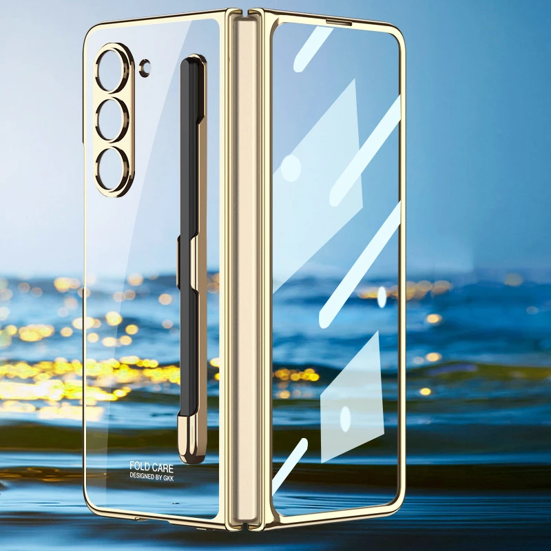 Funda transparente con soporte para bolígrafo chapado para Samsung Galaxy Z Fold 6 5 5G, funda rígida delgada para PC con cristal frontal