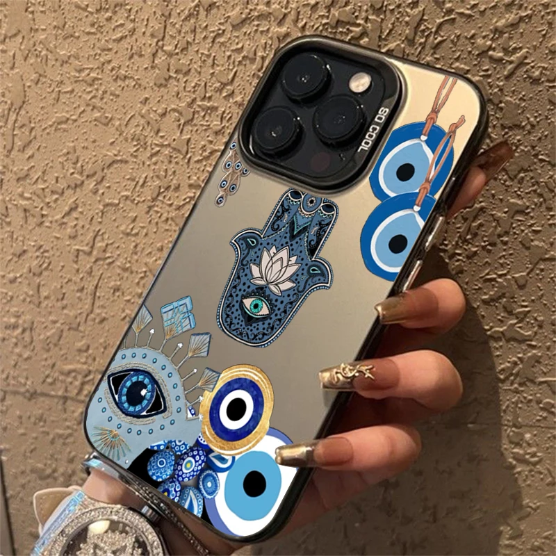 Funda de teléfono IMD plateada galvanizada con grafiti de ojo de palma negro para iPhone 11 12 13 14 15 16 Pro Max 16E 7 8 Plus X XS XR SE - imagen 5