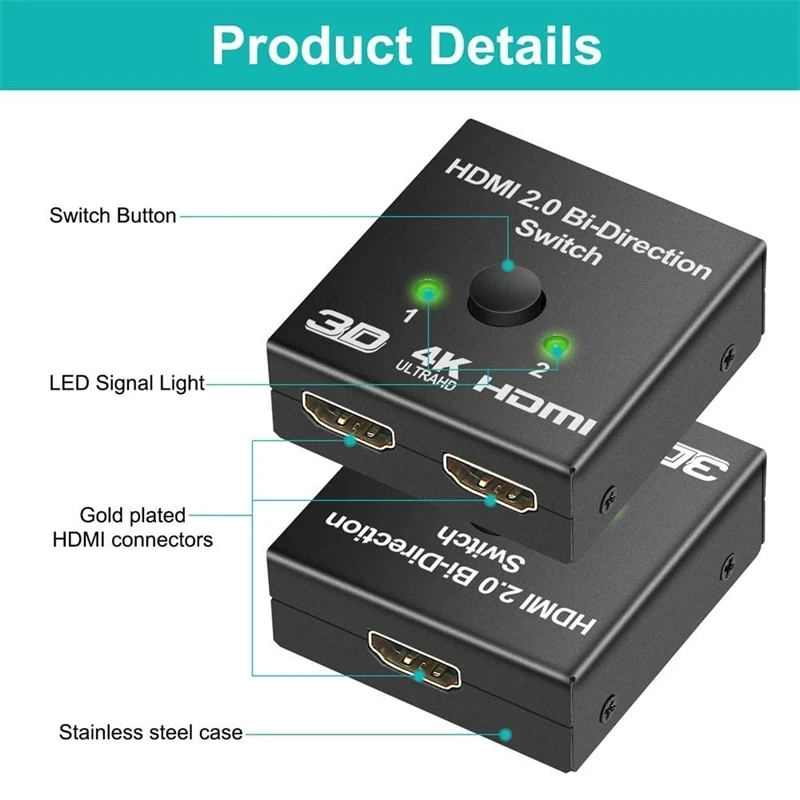 Conmutador HDMI 4K, 2 puertos, bidireccional, HD 4K, 3D, HDR, HDCP, divisor, compatible con adaptador Ultra para PS4, Xbox, HDTV - imagen 2
