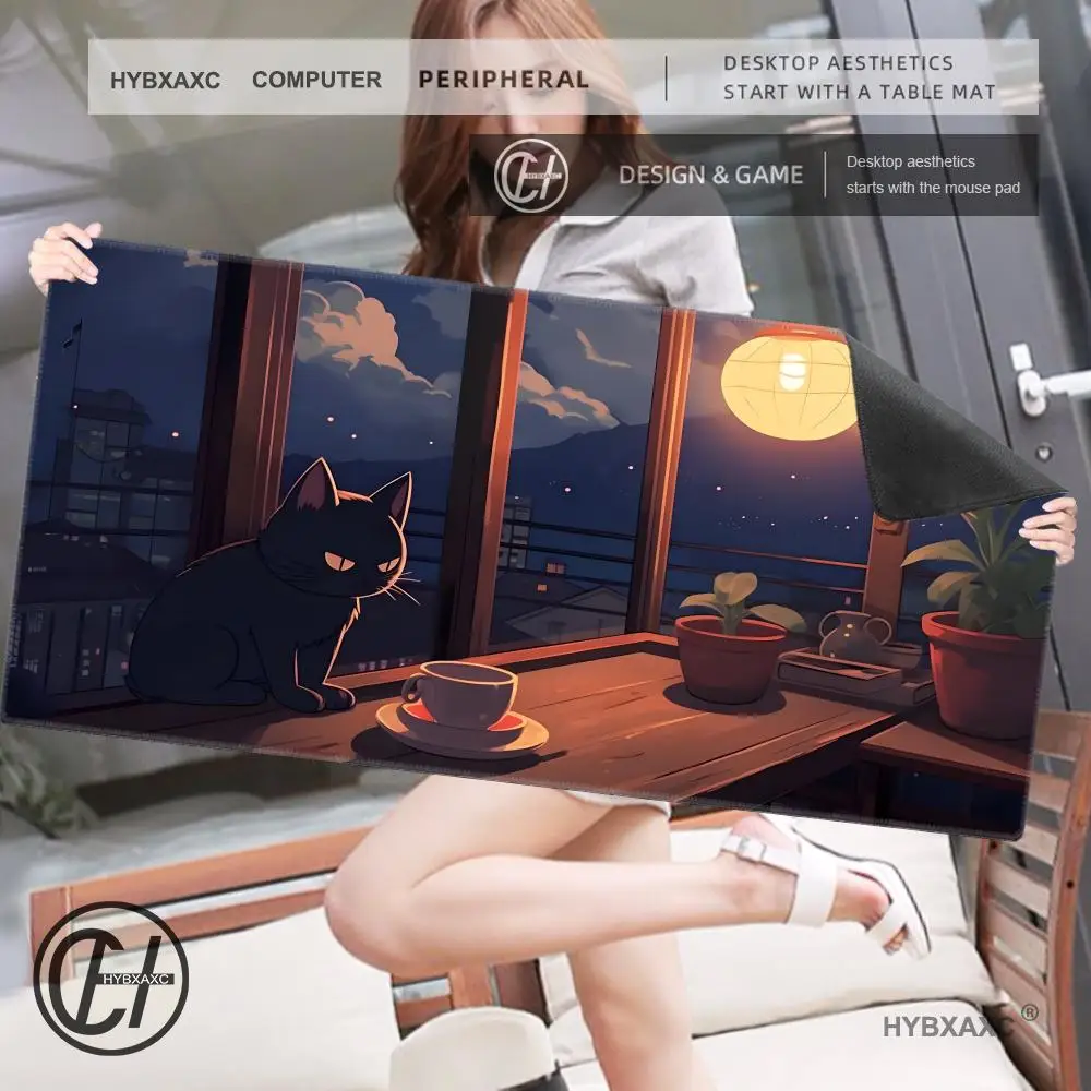 Alfombrilla de ratón para juegos Lofi Cat Green Plant, accesorios para PC, alfombrillas de goma antideslizantes impermeables para teclado, alfombrillas para oficina, portátil, escritorio en casa - imagen 4