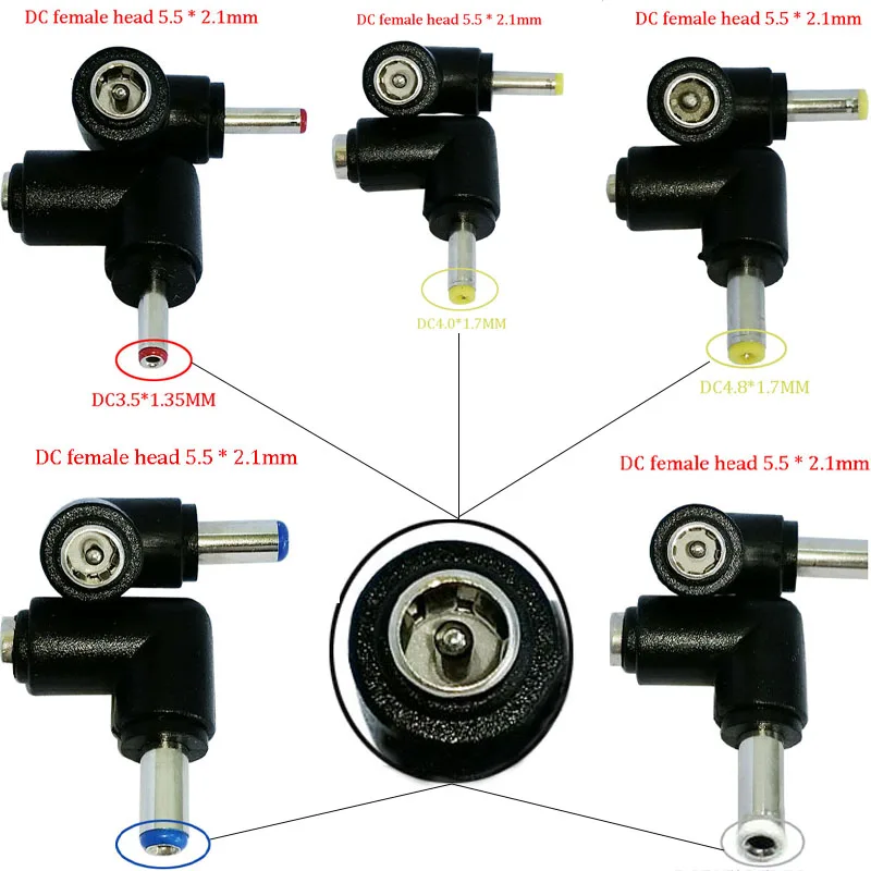 Cltgxdd 2 uds cabezal de conversión de energía de boca redonda CC 5,5*2,1 hembra a 3,5*1,35/4,0*1,7/4,8*1,7/5,5*2,1/5,5*2,5mm codo 90 grados - imagen 2