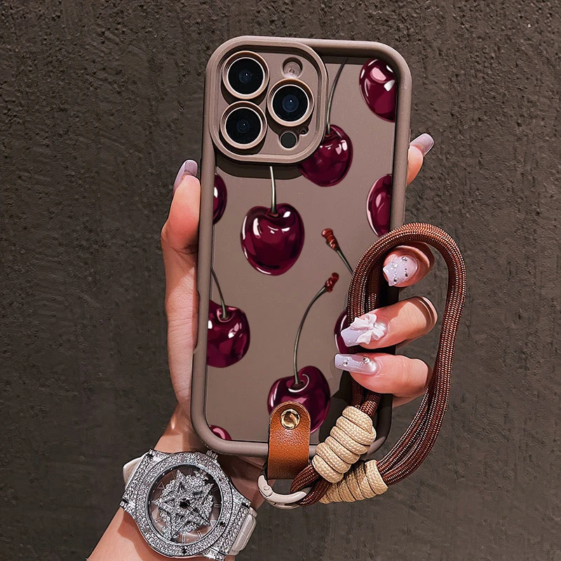 Bonita funda de teléfono con correa y cordón con estampado de cereza para iPhone 11 12 13 14 15 16 17 Pro Max 16E XS X XR 7 8 Plus, funda suave de silicona - imagen 3
