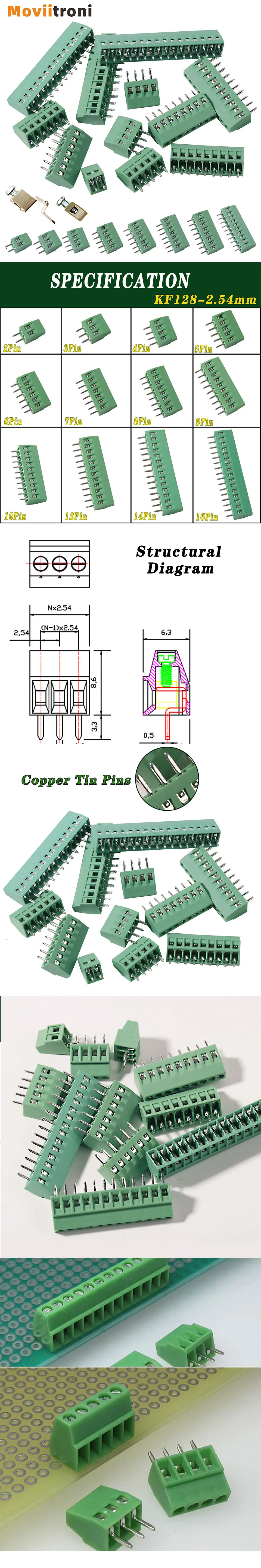 Conector de bloque de terminales PCB KF128 verde con terminales de tornillo