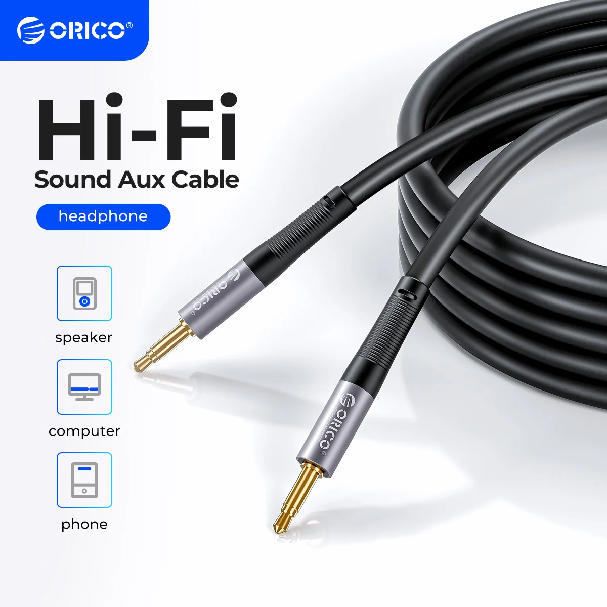 ORICO Cable auxiliar de 3,5 mm Cable de audio macho a macho Sonido Hi-Fi Silicona líquida para auriculares iPhone Altavoz Coche iPad
