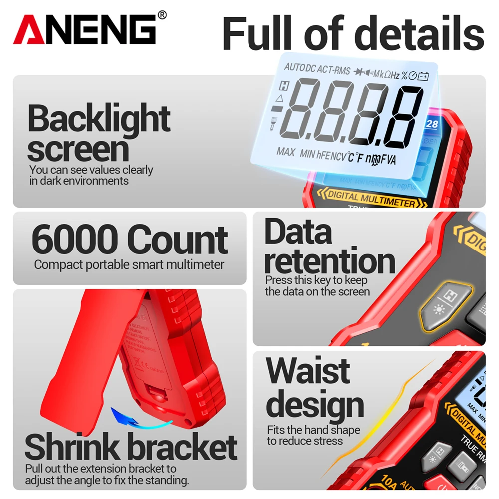 Herramientas de prueba de multímetro Digital ANENG M128, multímetro de 6000 recuentos, condensador de resistencia de corriente de voltaje CA/CC, inducción de voltaje NCV - imagen 5