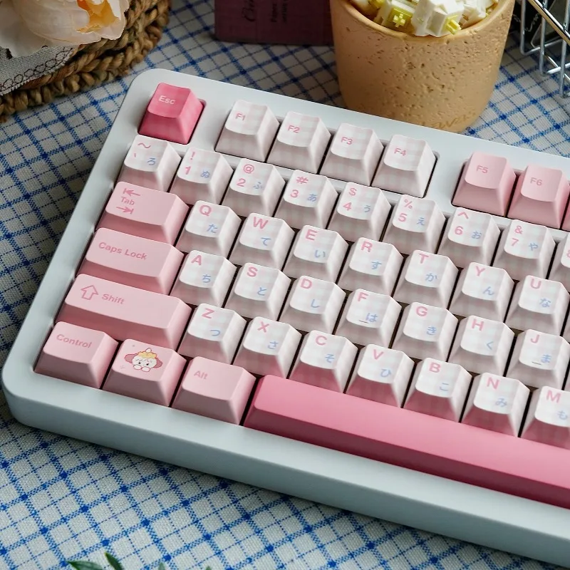 Juego de teclas con tema de rejilla rosa, sublimación PBT de cereza/MOAprofile, teclas hechas a mano personalizadas para accesorios de teclado mecánico - imagen 4