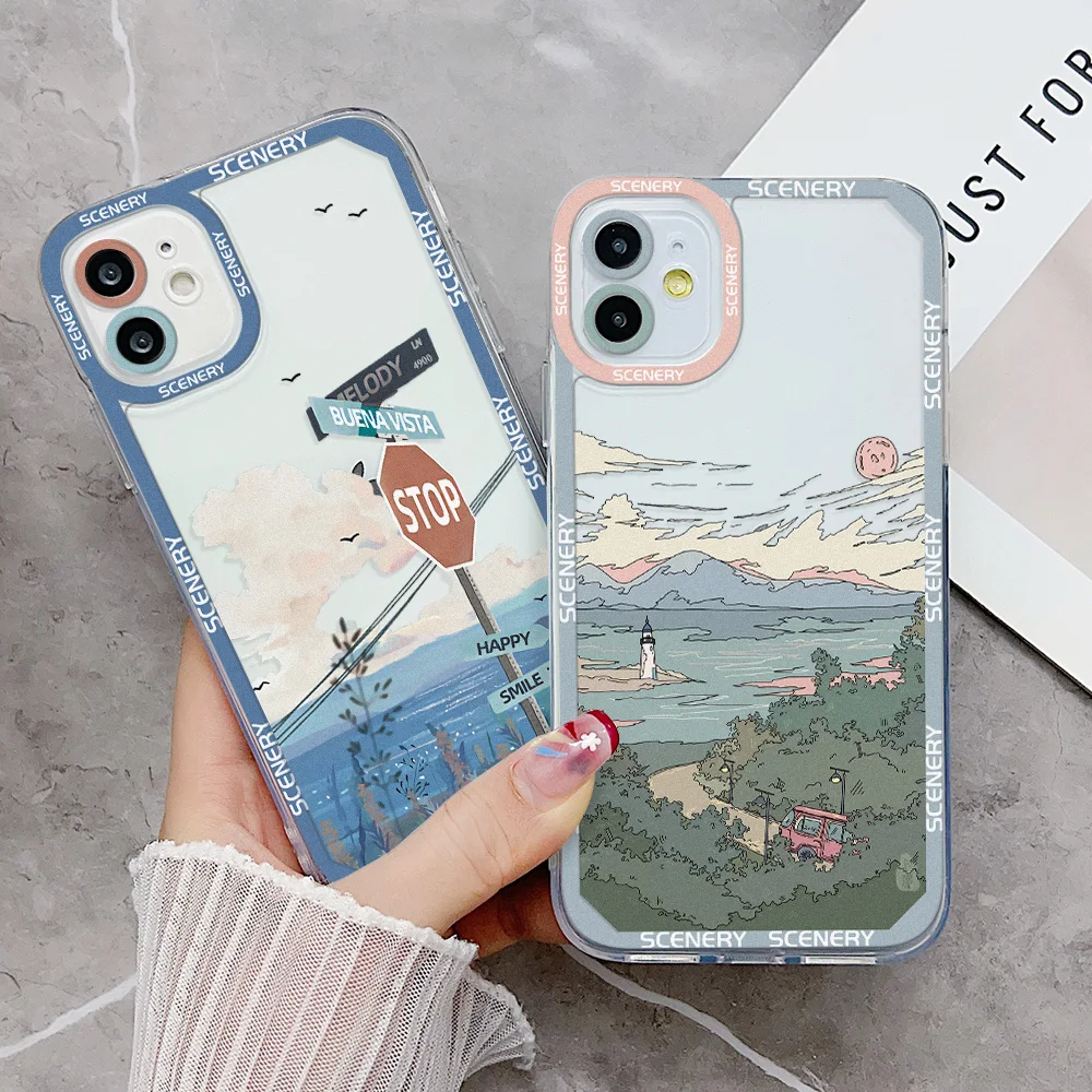 Funda de teléfono con paisaje para iPhone, carcasa trasera de silicona TPU para modelos 11, 13, 14 Pro Max, 15, XR, 12, X, Xs, 7, 8 Plus, SE 2020, 13 Mini, 13Pro Max