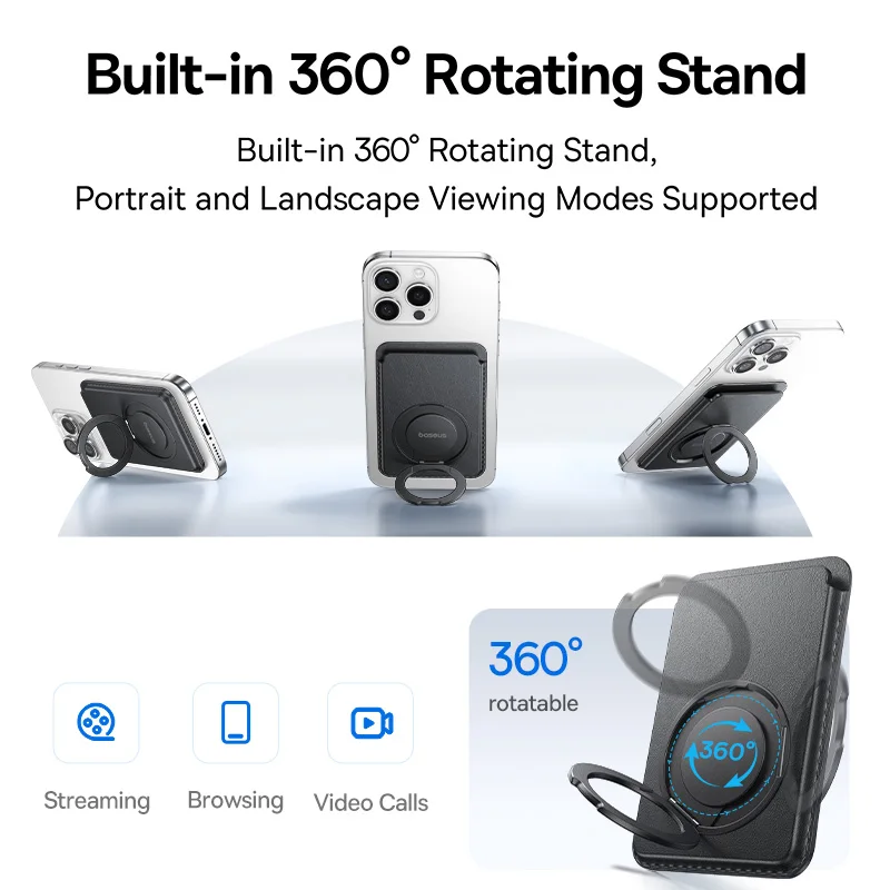 Baseus Soporte tipo billetera magnético para iPhone 17 16 Pro Max 17 Air MagSafe Funda para teléfono Ranura para 3 tarjetas Cuero PU 360 ° Estuche con soporte giratorio - imagen 5