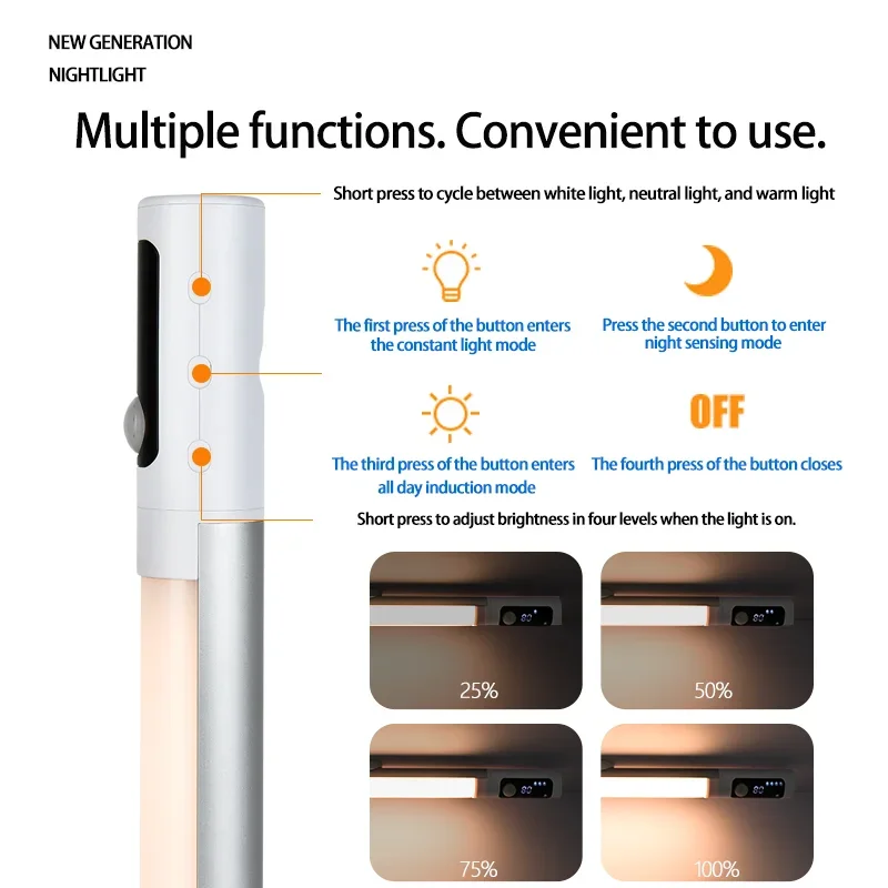 Luz nocturna con Sensor de movimiento, luces recargables USB tipo C, luces de gabinete para cocina, control remoto, pantalla Digital LED - imagen 5