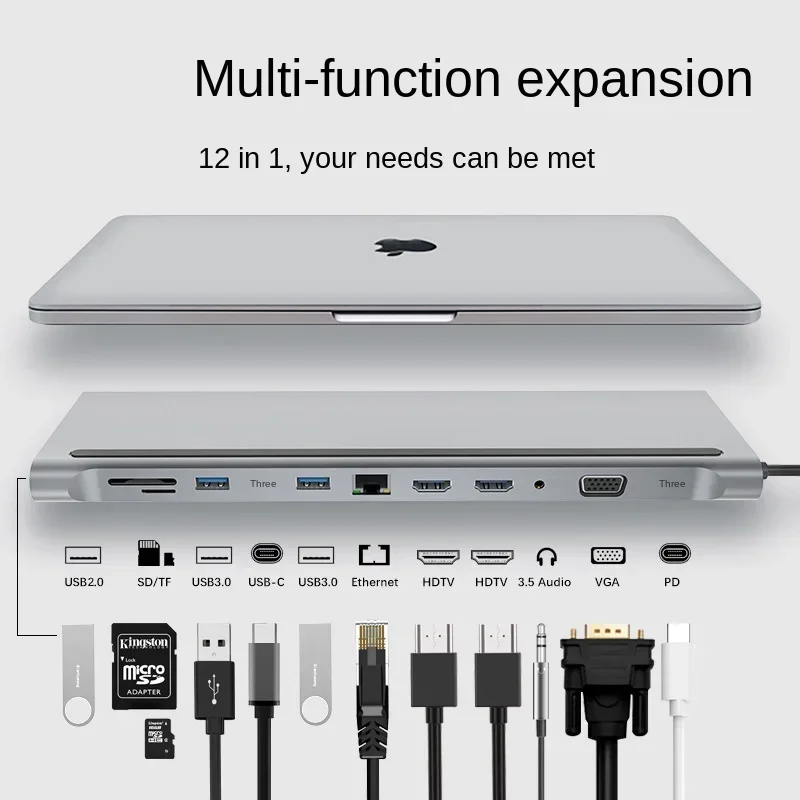 Estación de acoplamiento 12 en 1 tipo C HUB 4K PD estación de acoplamiento para ordenador portátil MST Monitor Dual HDTV VGA RJ45 SD TF para ordenador portátil MacBook - imagen 4