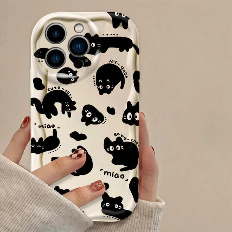 Precioso gato negro 3D Wave funda para iPhone 16 15 14 13 12 11 Pro Max X XR XS 8 7 Plus SE 2020 cubierta trasera de silicona transparente a prueba de golpes - imagen 4