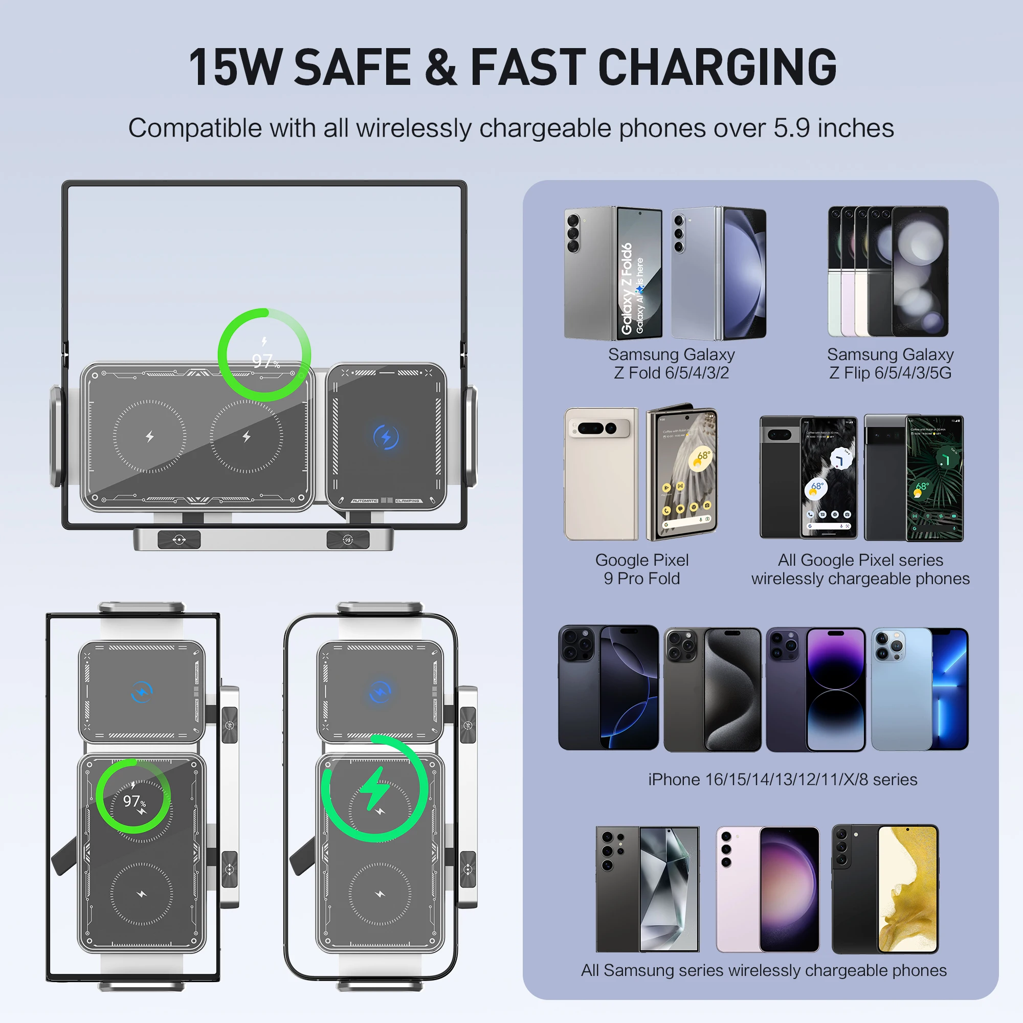 Soporte para teléfono de coche, accesorios para ventilación de coche y camión para Galaxy Z Fold 6 5/Flip 6 5, carga inalámbrica rápida para salida de ventilación de coche - imagen 3