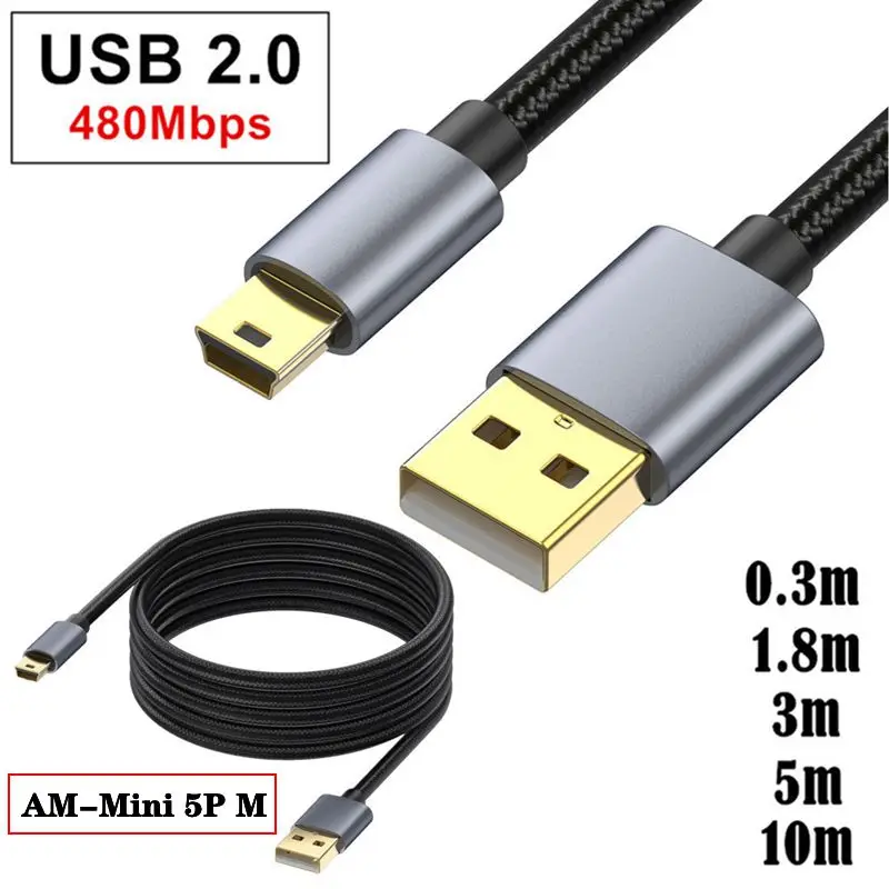 Cable USB 2,0 chapado en oro de alta velocidad versión A macho a Mini macho de 5 pines, utilizado para Cable de controlador de juego receptor GPS Garmin