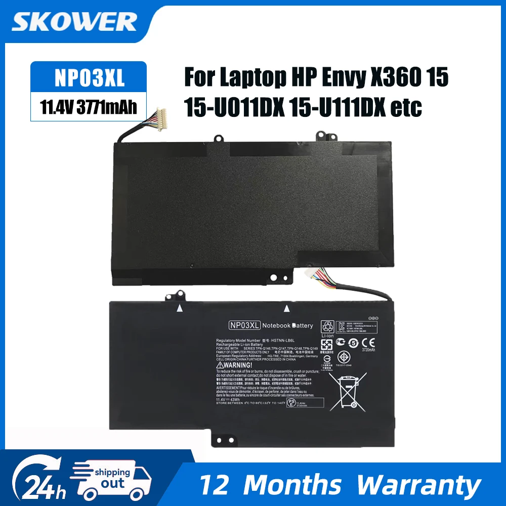 SKOWER 43Wh NP03XL Batería para hp envy 15-u000/u100/u200/u300 Pavilion 13-a000/a100/a200/a300 x360 PC Convertible TPN-Q146/Q149
