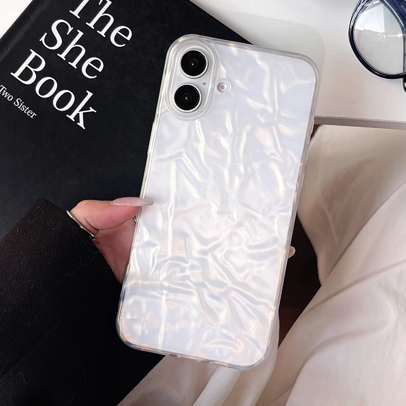 Funda trasera suave con textura doblada de color blanco perla Ins para iPhone 11 12 13 14 15 16 Pro Max 16 Plus - imagen 4